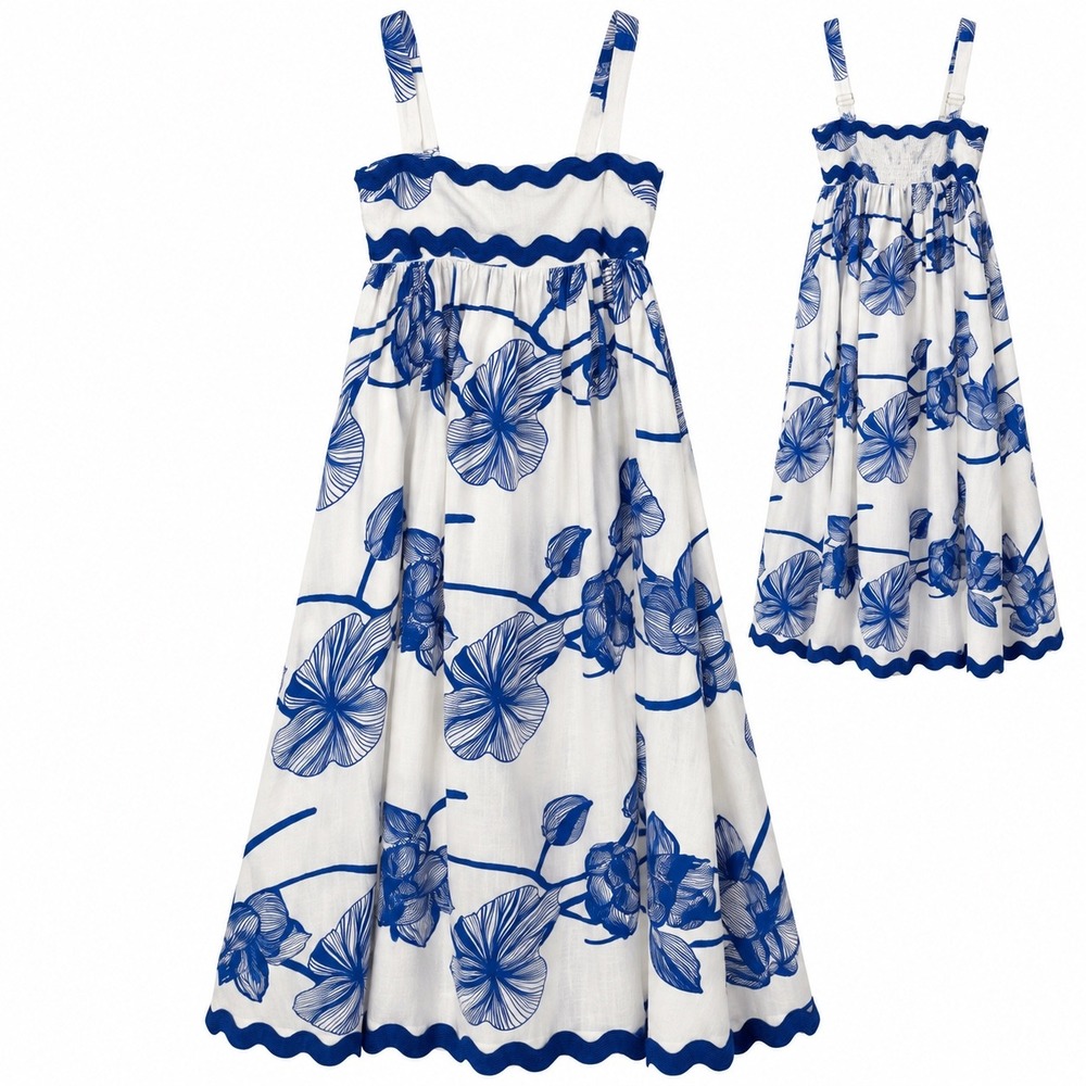 White Closet Maxi Dress Ric Rac Floral M White Blue Women Summer Coastal Linen